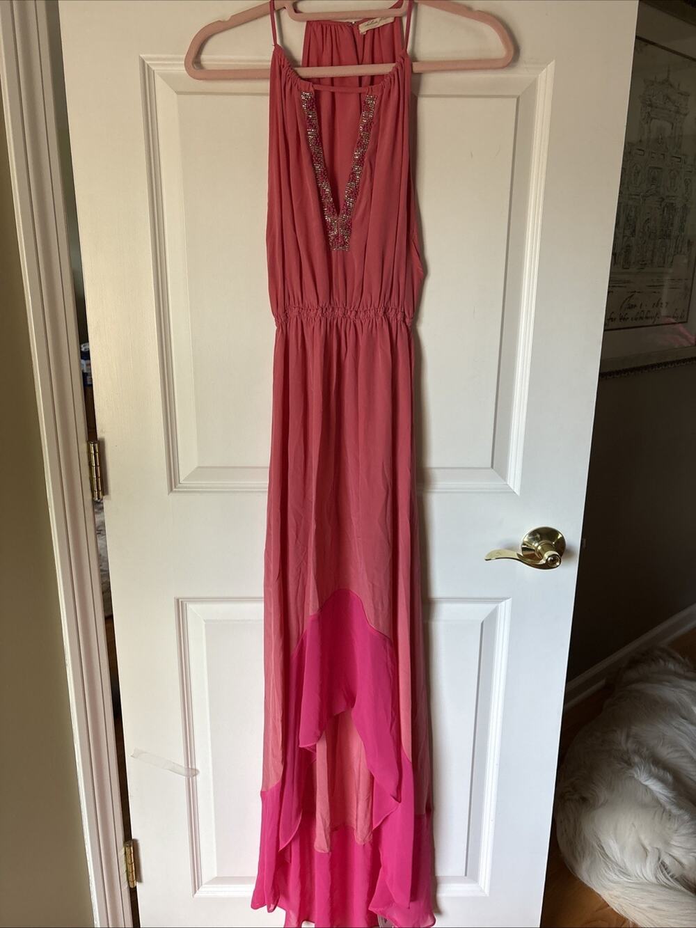 Chelsea Flower Silk Long Dress Size Xs beaded crystal v neck blush pink hi low